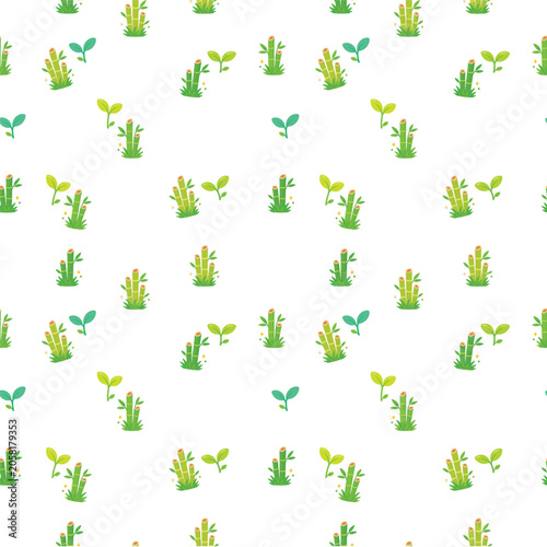 Seamless repeating pattern of smiling bamboo stalks and fresh green leaves for tropical fabric wallpaper and eco decor