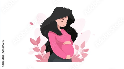 Illustration of a pregnant woman with long black hair holding her belly