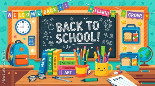 Colorful back to school illustration with educational elements