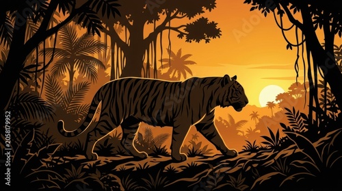 Tiger walking through jungle at sunset