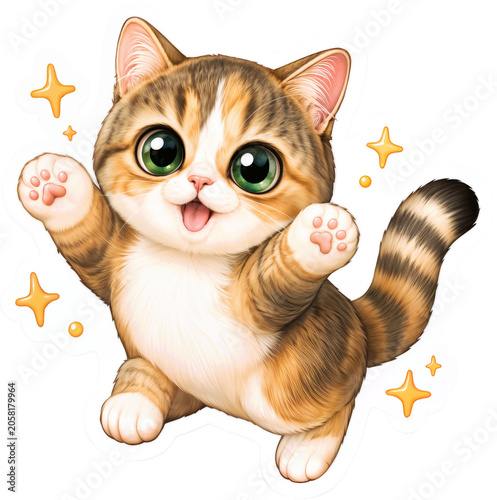 Happy Tabby Kitten Raising Paws Sticker PNG