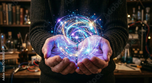 Man holding glowing colorful magical energy sphere