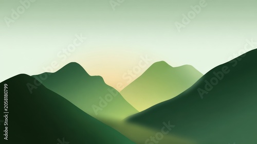 Minimalist digital art of layered green mountains and soft sky