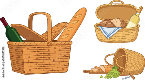 Konstfotografi Wicker picnic basket vector illustration collection featuring woven hampers filled with wine bottles french baguette bread green grapes and outdoor dining food elements