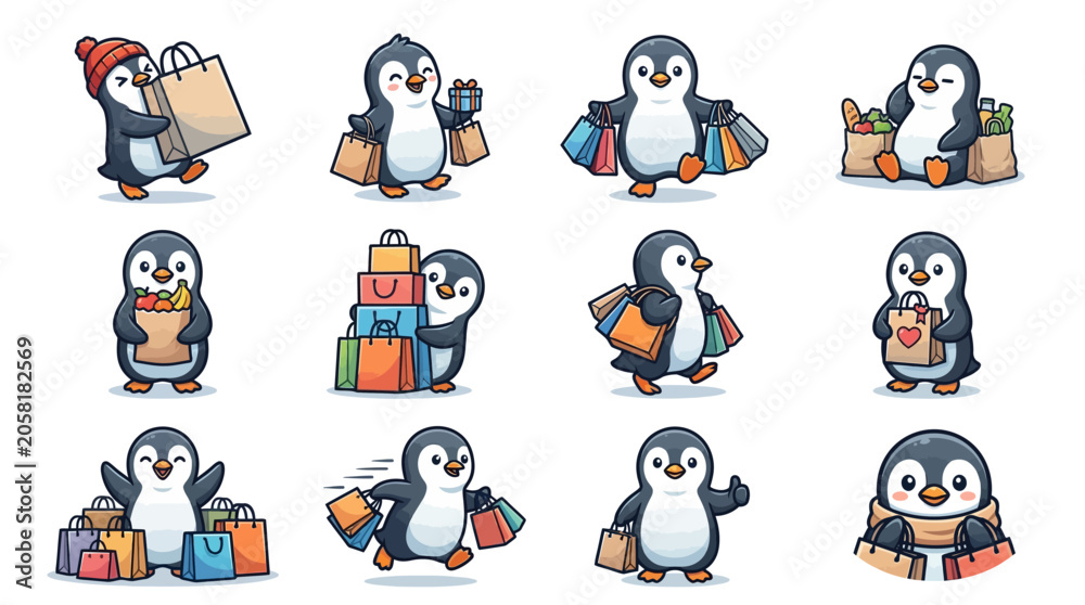 Fototapeta premium Penguins with shopping bags and gifts.