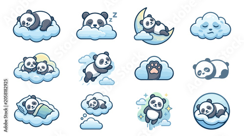 Quadro su tela Cute cartoon pandas on clouds.