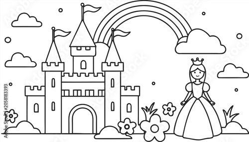 Photos Cute fairy tale castle with towers in a fantasy cartoon landscape vector illustr