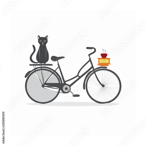 Black cat sitting on a bicycle with a food basket