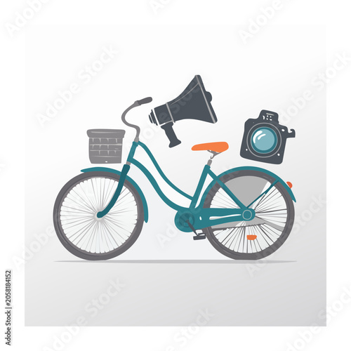 Flat design bicycle with camera and megaphone
