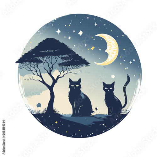 Two black cats under a tree at night with moon and stars