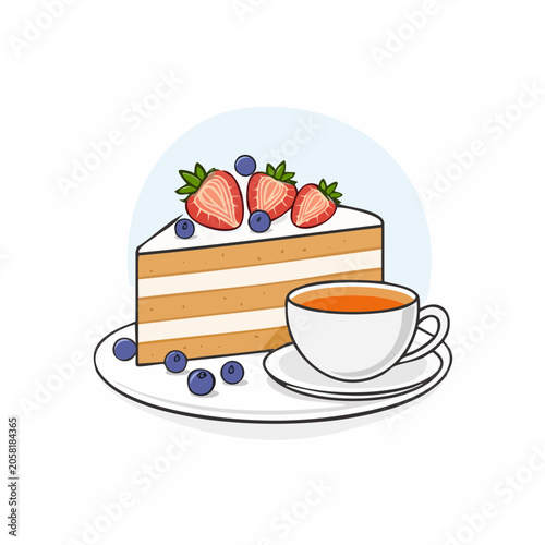 Slice of Cake with Strawberries and Tea Cup Illustration