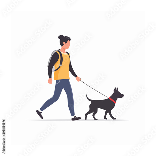 Woman walking a black dog on a leash