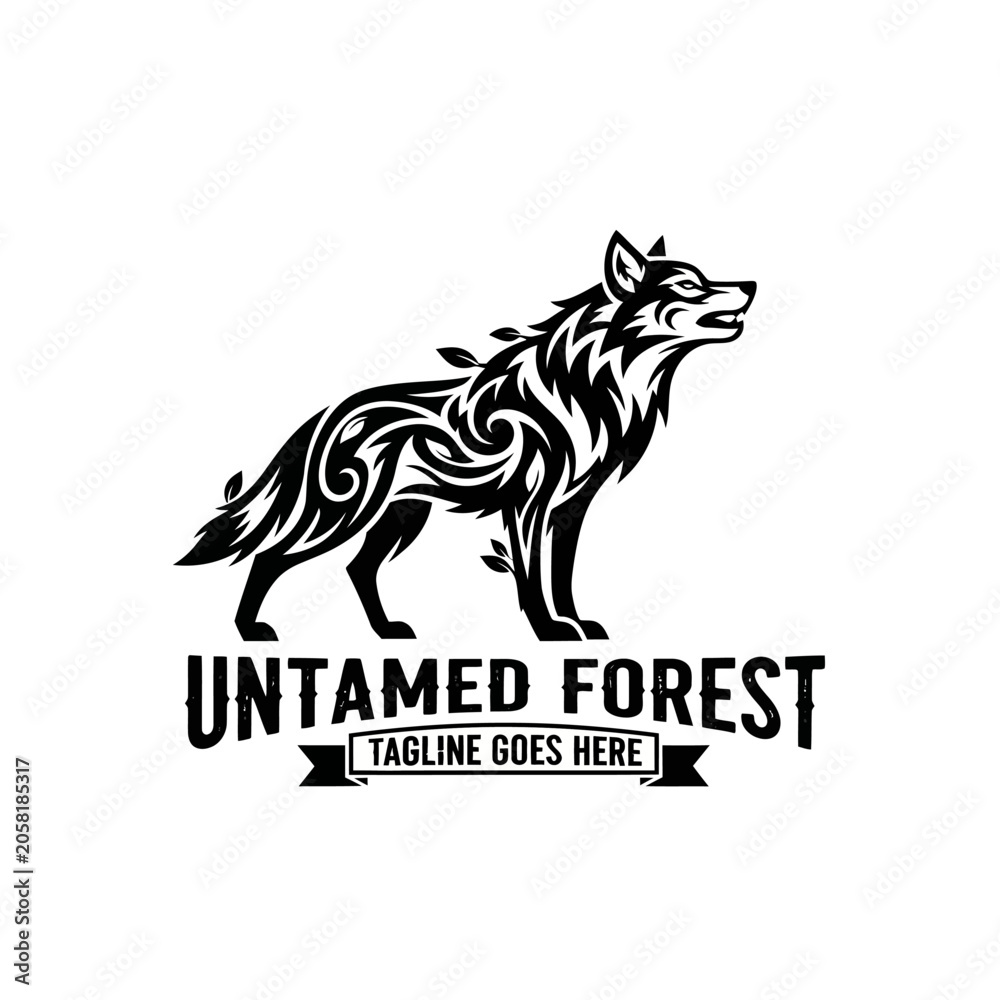 Fototapeta premium Powerful tribal-style wolf logo, perfect for outdoor gear, hunting, and wildlife conservation brands.