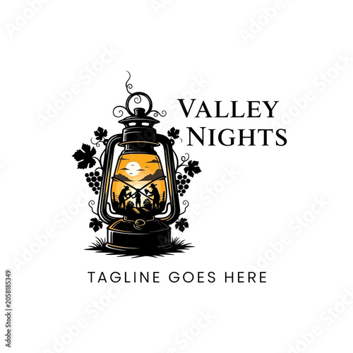 Elegant rustic lantern emblem featuring a serene mountain lake landscape and grape vines, perfect for winery or outdoor brands.