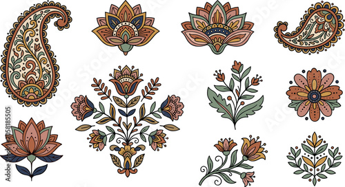 Obraz na płótnie Traditional Indian paisley and lotus flower vector motif set featuring ethnic botanical ornaments boutique textile patterns and oriental boho design elements
