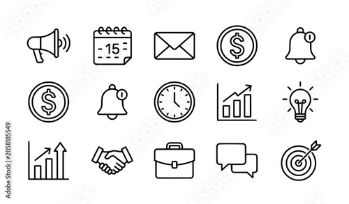 Business line icon set with megaphone calendar envelope and dollar vector symbols