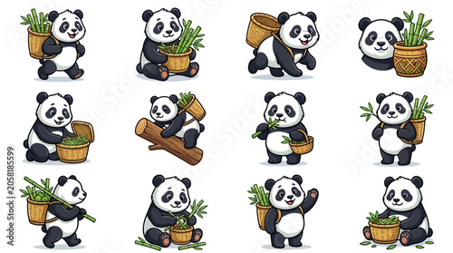 Tableau sur toile Cute pandas with bamboo plants.