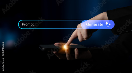 Quadro su tela A hand interacts with a smartphone screen, entering prompts in a dark setting, symbolizing creativity and innovation in modern technology usage and communication