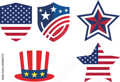 Flat vector illustration of patriotic American flag shields, stars, and top hat for holiday designs.
