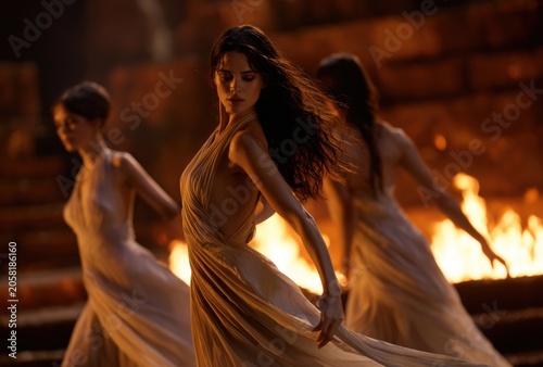 Dramatic dance of three women in light dresses against a fiery backdrop