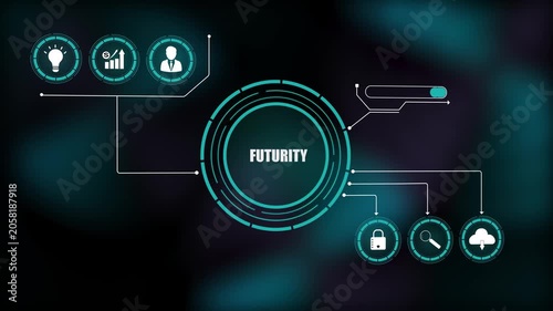 Futuristic digital futurity interface, high-tech HUD dashboard displaying creative business growth analytics, and secure corporate cloud system.