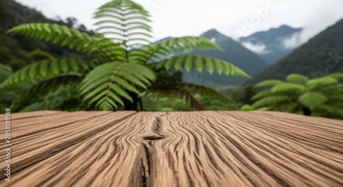 Wooden table surface with a scenic mountain and fern forest background