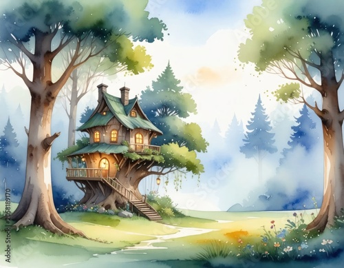 Watercolor of a magical treehouse nestled in a forest with soft, dreamy tones