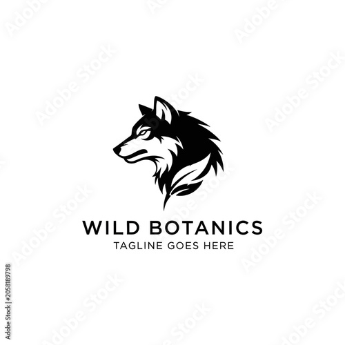 Professional black and white wolf profile integrated with leaf shapes, ideal for organic skincare, botanical gardens, and environmentally conscious businesses.