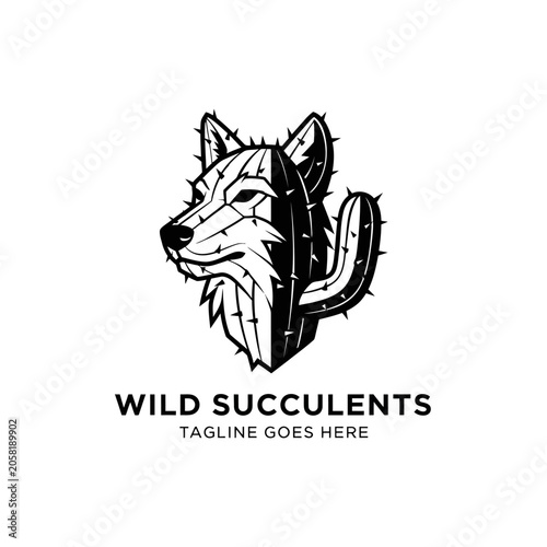 Unique desert wolf logo combining a canine profile with prickly pear cactus details, perfect for Southwestern decor, botanical nurseries, and arid climate ventures.