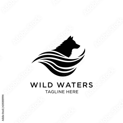 Clean and modern wolf logo integrated with flowing water waves, suitable for marine conservation, surfing brands, and outdoor adventure companies near water.