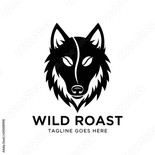 Clever and bold coffee brand logo featuring a fierce wolf head with coffee bean details for cafes and roasteries.