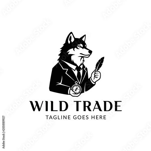 Professional anthropomorphic wolf mascot dressed in formal attire, perfect for trading companies, legal firms, and traditional business consulting services.