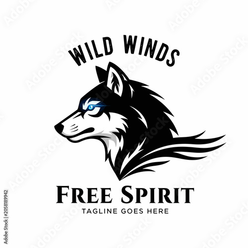 Highly detailed black and white wolf head illustration with a vibrant blue eye, ideal for outdoor lifestyle, apparel, and adventure-themed brand identities.