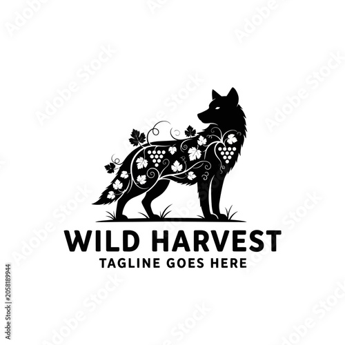 Elegant black and white wolf logo integrated with vine and grape motifs, ideal for wineries, vineyards, and artisanal food producers.
