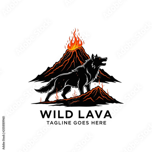 Striking logo design depicting a wolf and an active volcano for adventure and energy-focused brands.