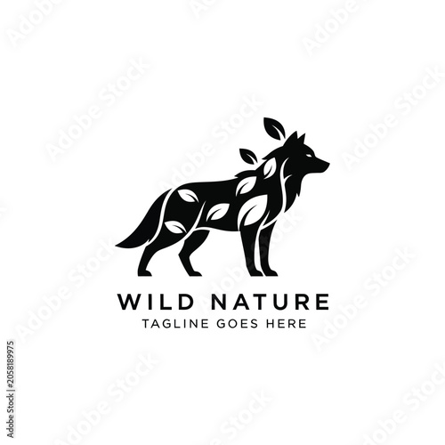 Wolf silhouette logo design with organic leaf patterns on a white background