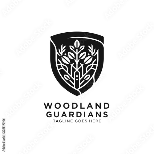 Professional nature-themed shield emblem representing environmental protection and forestry preservation for brands seeking a strong eco-friendly identity.