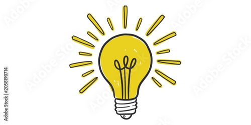 Fotografía Hand Drawn Yellow Light Bulb With Rays Isolated On Black Background For Creative