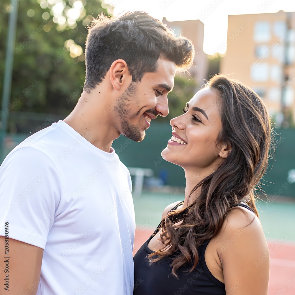 Fototapeta premium A smiling couple standing face to face on a tennis court
