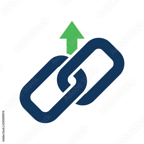 Blue hyperlink chain icon with green upcoming growth arrow for secure website redirection and digital URL optimization concept