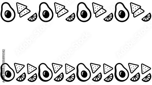 Foto Hand drawn avocado and nacho border pattern.