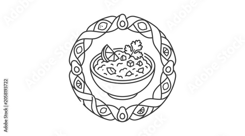 Foto Line art illustration of a bowl of guacamole surrounded by an avocado and lime border