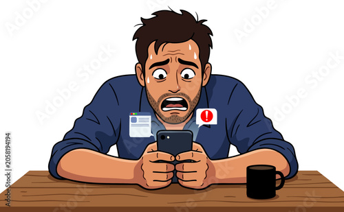 Картината върху платно a man with a panicked expression looking at the message on his cellphone