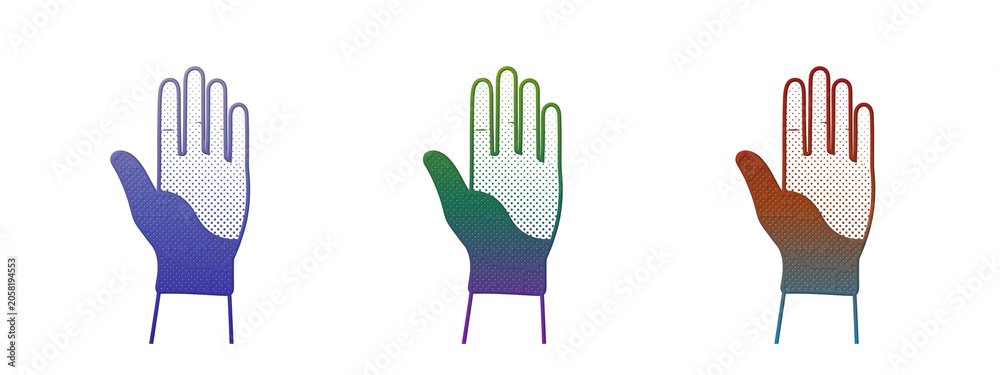 Fototapeta premium Three colorful hand palm icons with halftone texture