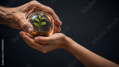 An wrinkled older hand passes a transparent glass globe containing a small green sprout to a younger smooth hand against a solid black background.