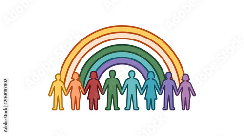 Bild auf Leinwand A diverse group of people holding hands in front of a colorful rainbow