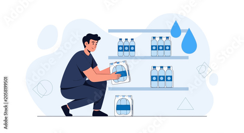 Man restocking water bottles on shelves, illustration of hydration and supply