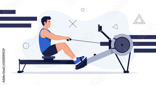 Man rowing on machine, vector illustration of fitness and healthy lifestyle