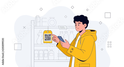 Man Scanning QR Code on Product Tag in Store with Smartphone, Modern Technology and Shopping Concept