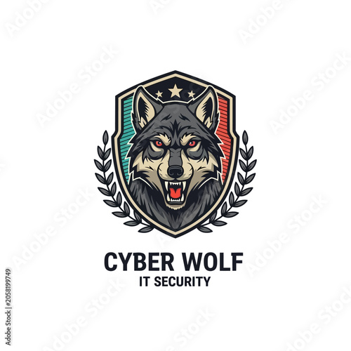 Quadro su tela Aggressive and professional cybersecurity emblem featuring a snarling wolf within a protective shield, symbolizing strength, vigilance, and elite digital protection for tech firms